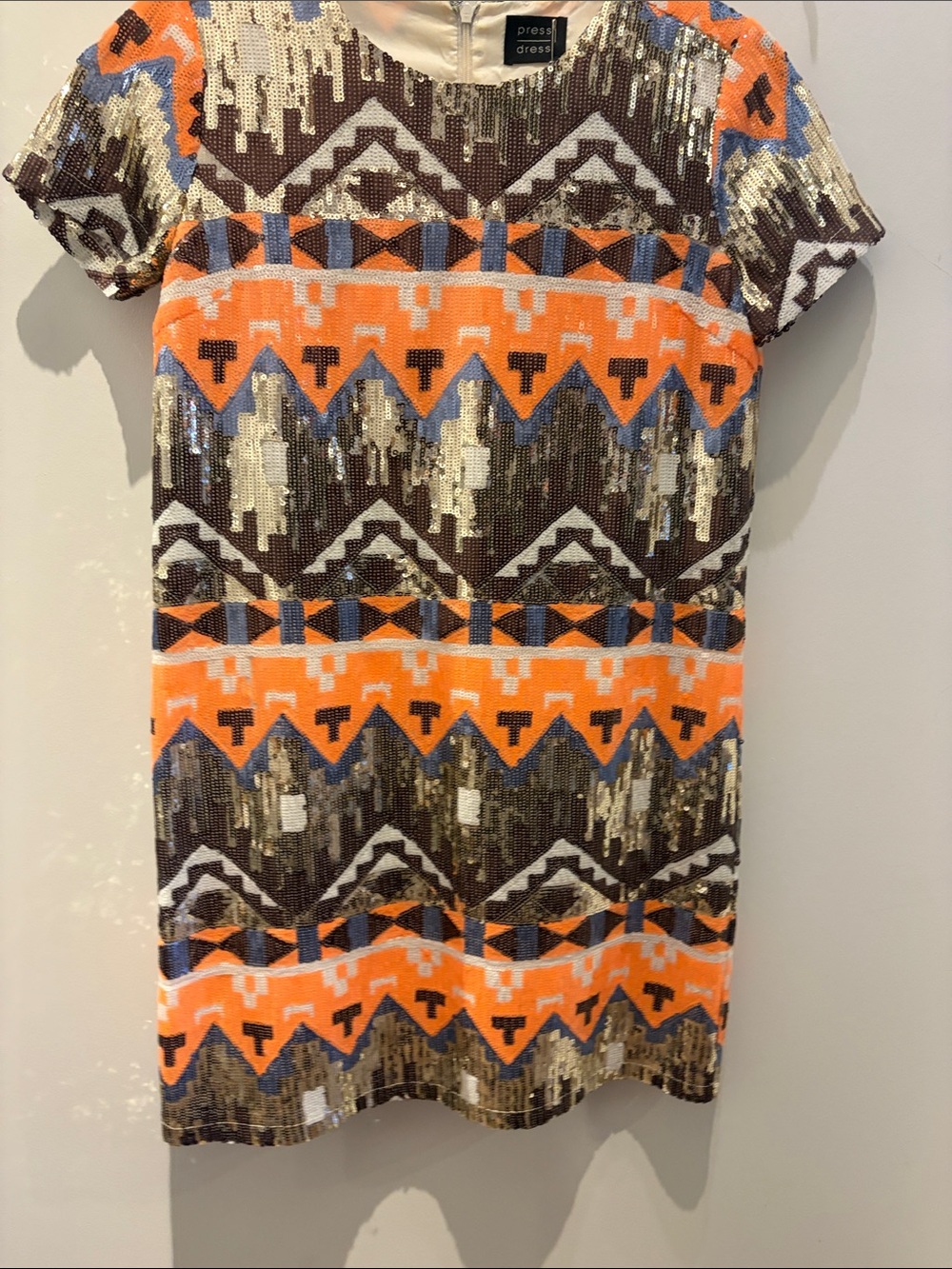 Orange & Brown Sequin Geo Shift Dress